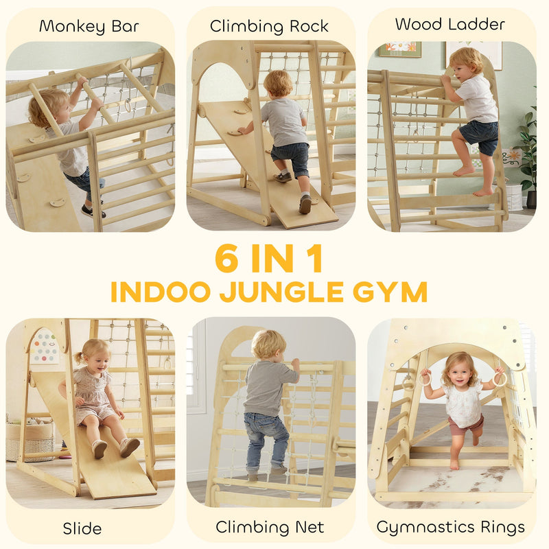 Six activity panels showing the monkey bar, climbing rock, wood ladder, slide, climbing net and gymnastics rings