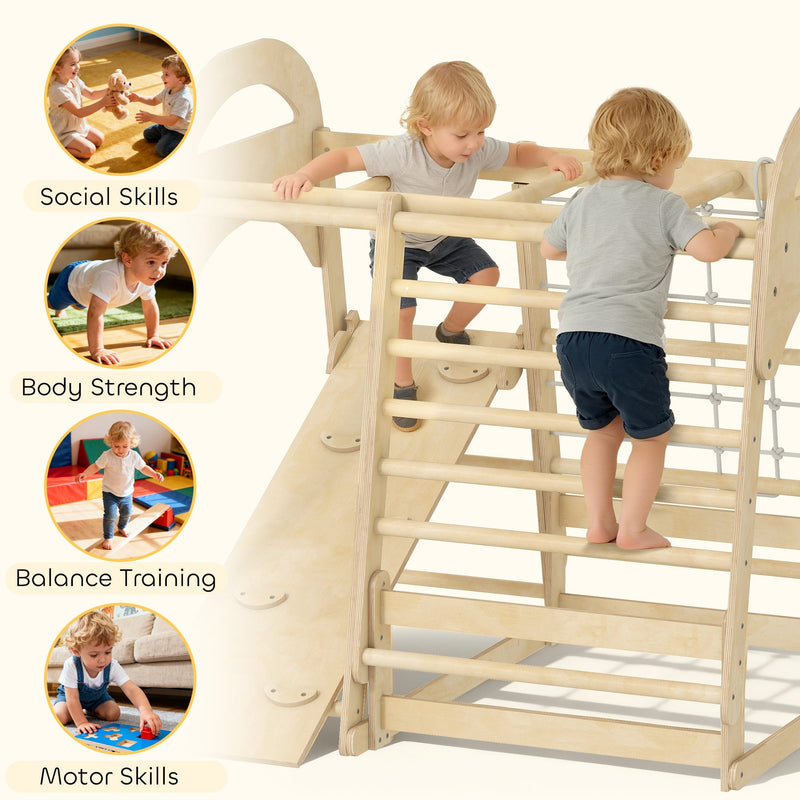Children using the climbing frame to build social skills, body strength, balance and motor skills