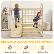 Close-up of two children on the climbing frame, highlighting the built-to-last splinter-free wood construction