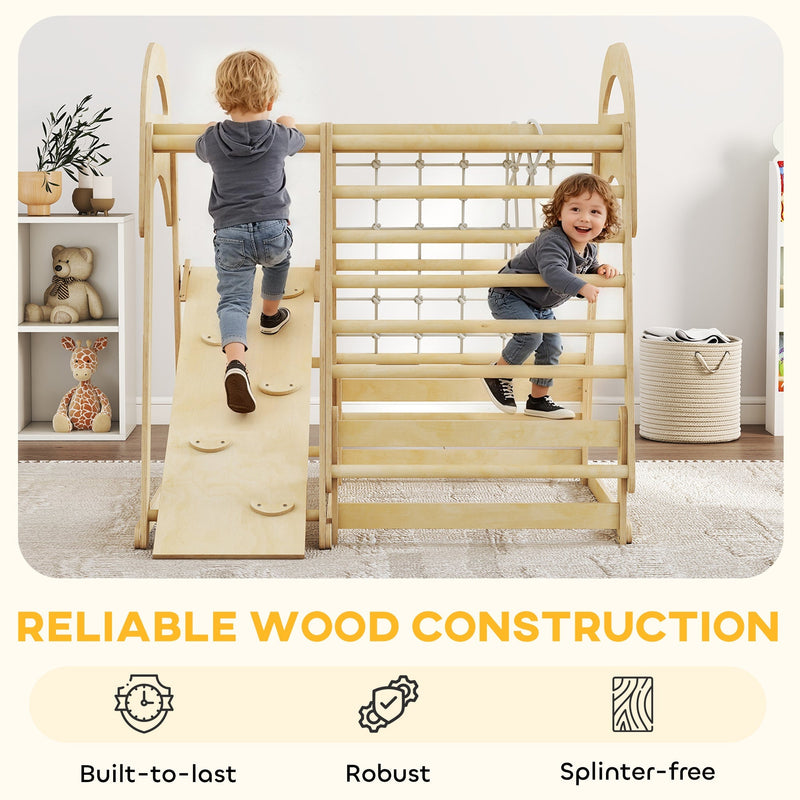 Close-up of two children on the climbing frame, highlighting the built-to-last splinter-free wood construction