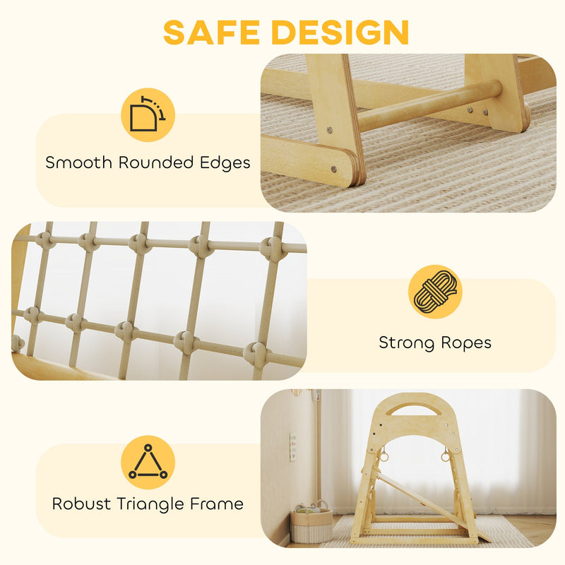 Close-up of the smooth rounded edges, strong ropes and robust triangle frame base for safe play