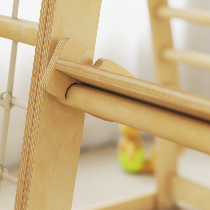 Close-up of the wooden ladder rung joint showing the plywood construction