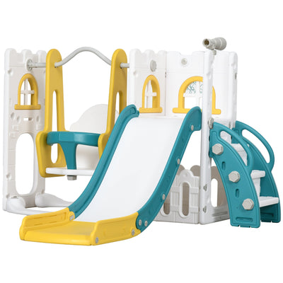 AIYAPLAY 6-in-1 swing and slide set in yellow, white and teal