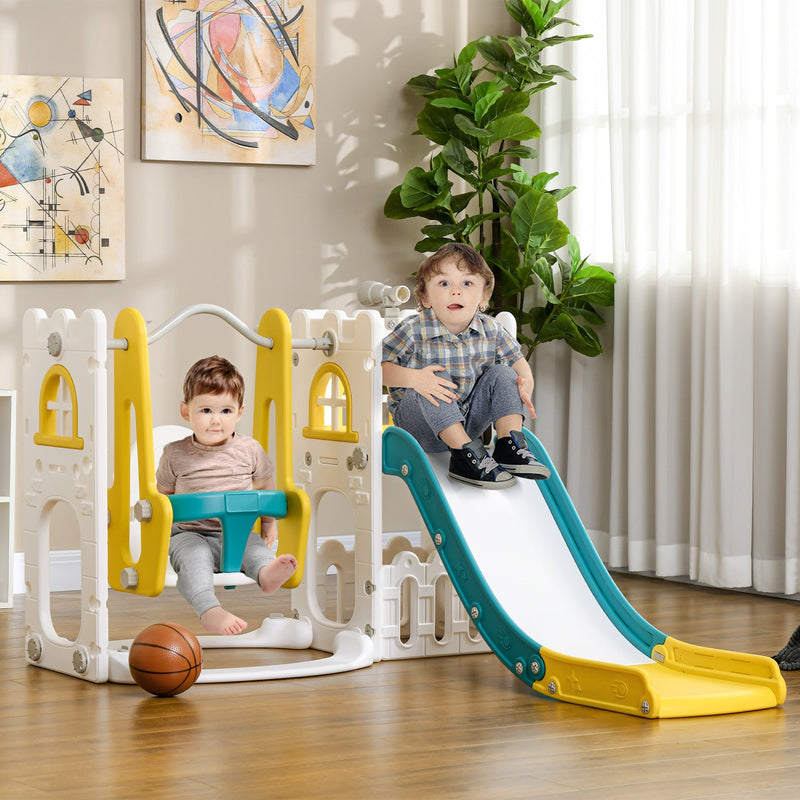 Two children playing on the swing and slide set at home