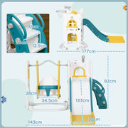 Dimension diagram of the 6-in-1 swing and slide set, 143 x 177 x 99cm
