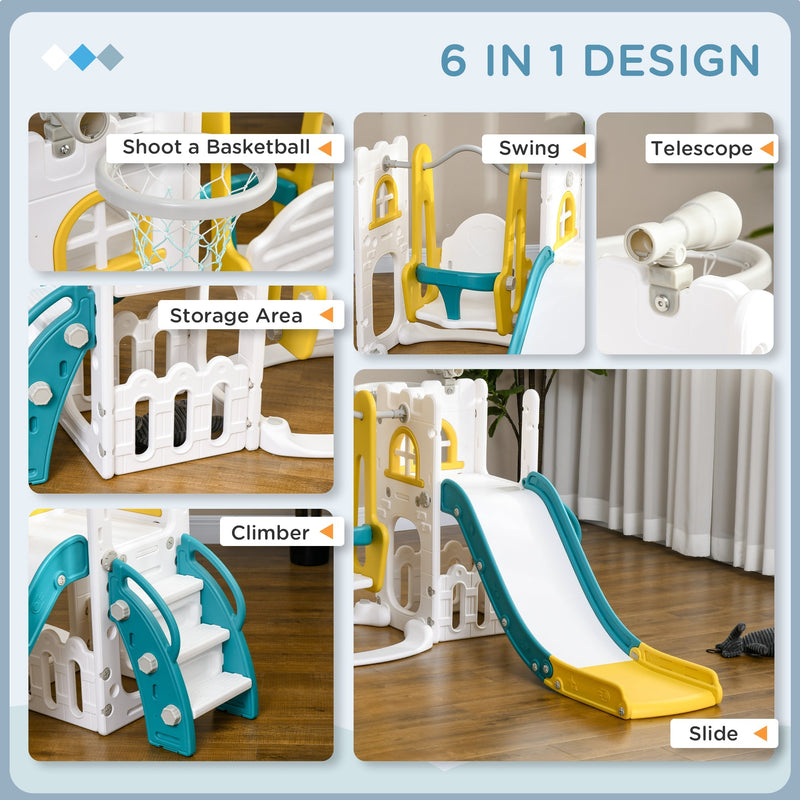 Grid showing the basketball hoop, swing, telescope, storage area, climber and slide