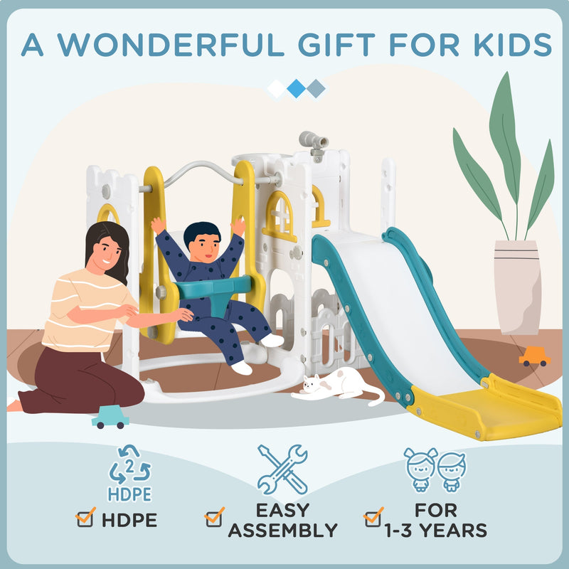 Illustration of a parent and child using the playset, HDPE material, ages 1-3