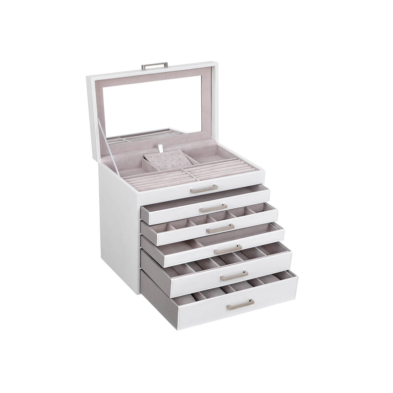 Studio front view of the white 6-layer rotating jewellery box