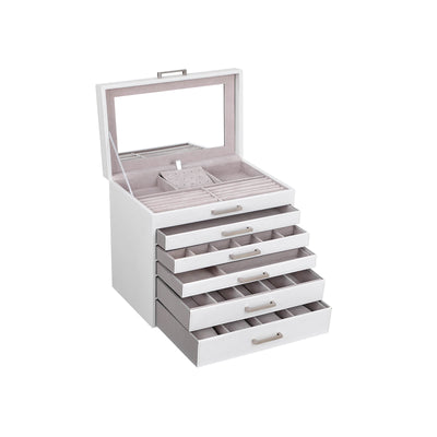 Studio front view of the white 6-layer rotating jewellery box