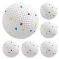 Six white ETPU dog balls with red, yellow and blue flecks on a white background
