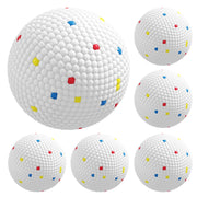 Six white ETPU dog balls with red, yellow and blue flecks on a white background