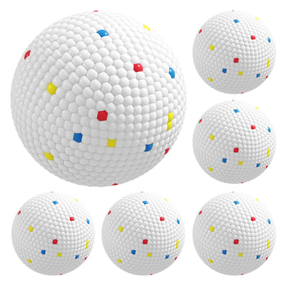 Six white ETPU dog balls with red, yellow and blue flecks on a white background