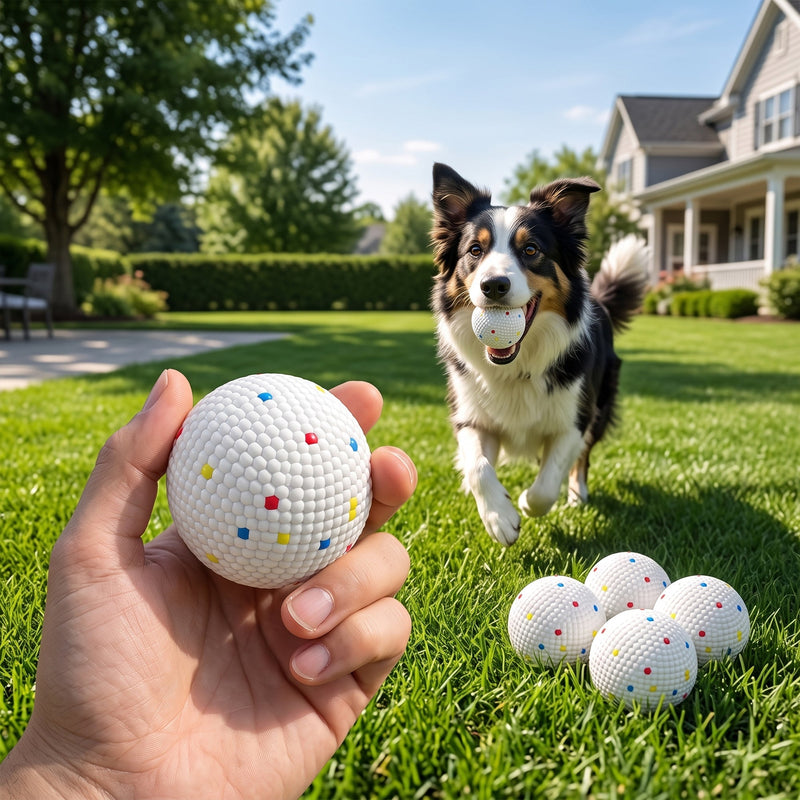 Hand holding a dog ball in a garden while a collie runs over carrying another