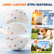 Cutaway of the ETPU bead core beside heat, cold, bite and bounce demonstrations