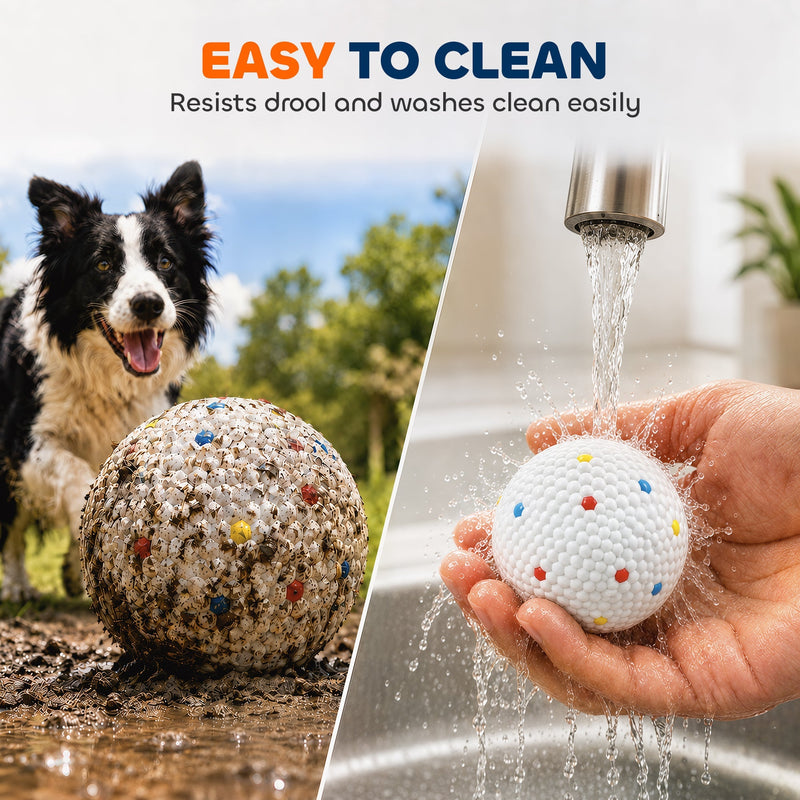 A mud-covered ball next to a clean ball being rinsed under a running tap