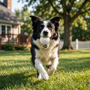 Border collie running towards the camera with a flecked white ball in its mouth