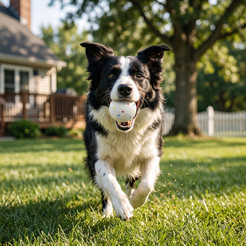 Border collie running towards the camera with a flecked white ball in its mouth
