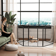 Dog resting in the playpen beside a sofa while a woman sits nearby