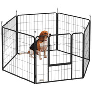 Black 6 panel dog playpen with door and a beagle sitting inside on a white background