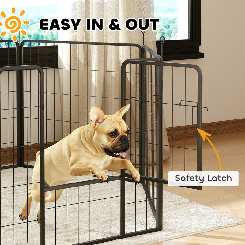 French bulldog stepping through the playpen door with the safety latch highlighted
