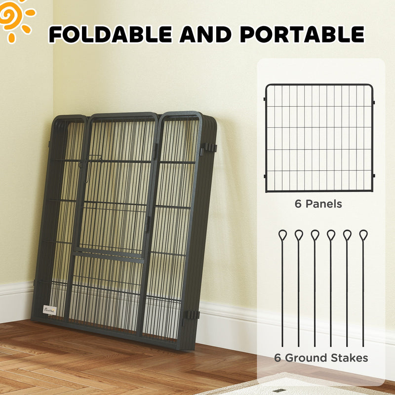 Folded playpen panels shown beside 6 panels and 6 ground stakes