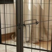 Close-up of the playpen door latch and black steel frame