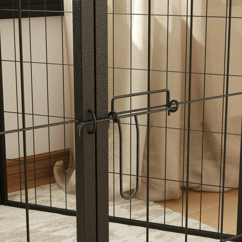 Close-up of the playpen door latch and black steel frame