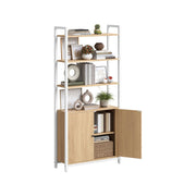 Golden oak and matte white 6-tier bookcase with a 2-door cabinet on a plain background