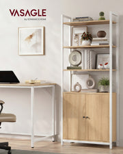 Bookcase with a white metal frame styled beside a desk in a home office