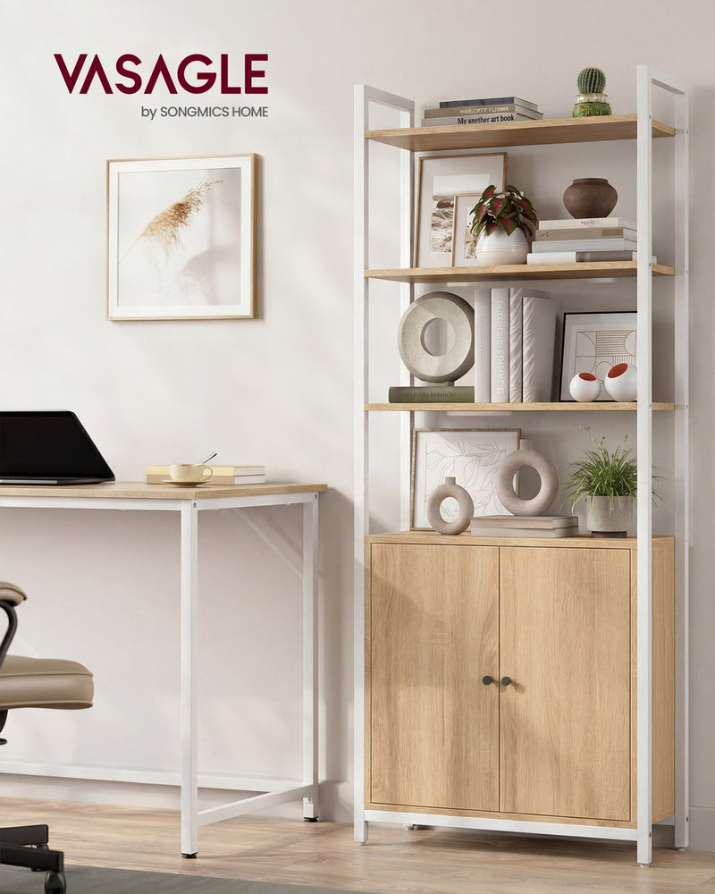 Bookcase with a white metal frame styled beside a desk in a home office