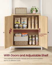 Close-up of the open 2-door cabinet with its adjustable shelf and stored items