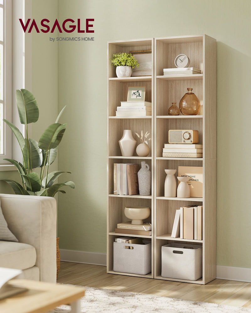 VASAGLE natural beige 6-tier bookcases styled in a living room with books and decor