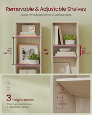 Diagram showing the adjustable shelf heights on the VASAGLE 6-tier bookcase, 3 height options from 16 to 40 cm