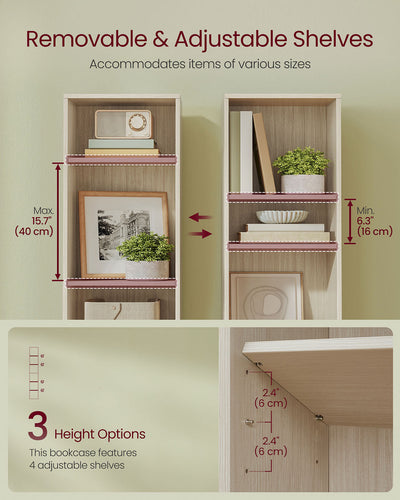 Diagram showing the adjustable shelf heights on the VASAGLE 6-tier bookcase, 3 height options from 16 to 40 cm