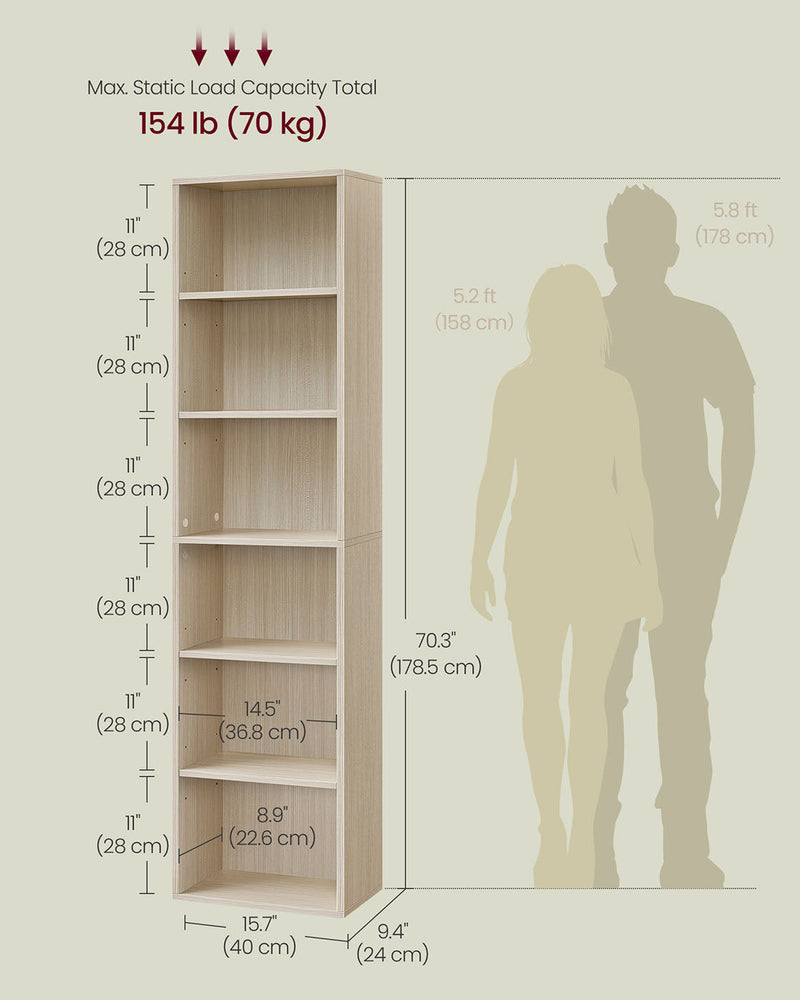 Dimensions diagram of the VASAGLE 6-tier bookcase, 40 x 24 x 178.5 cm, with 70 kg total load capacity