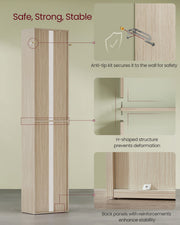 Diagram of the VASAGLE 6-tier bookcase anti-tip wall fixing kit, H-shaped frame, and reinforced back panel