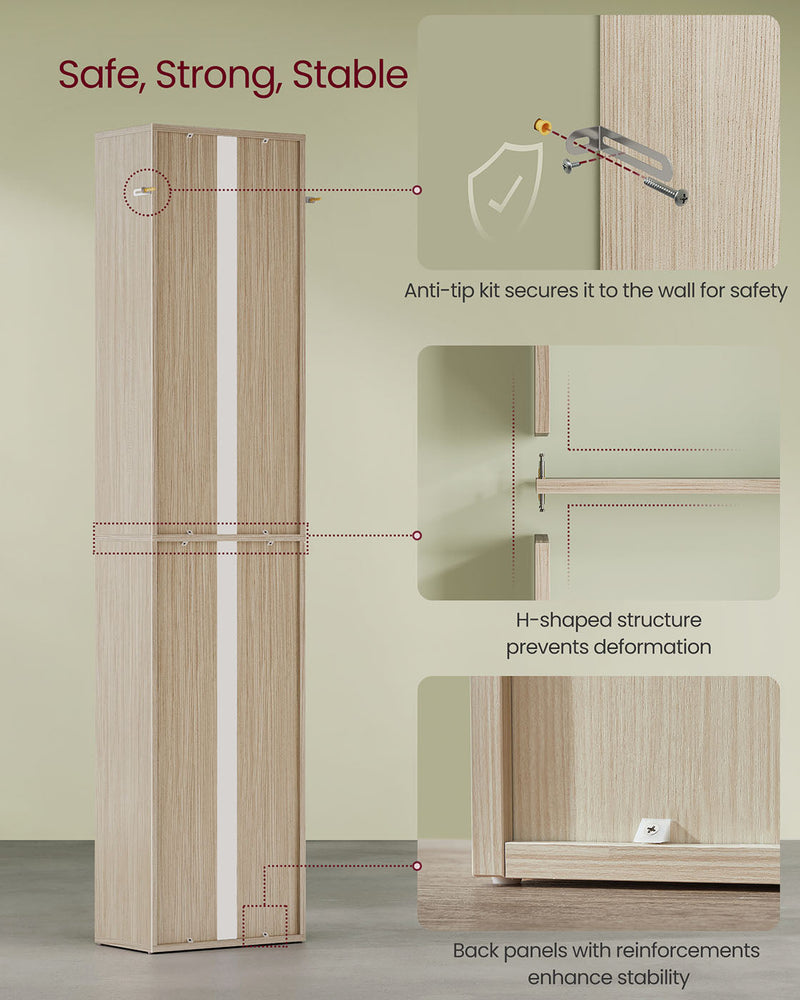 Diagram of the VASAGLE 6-tier bookcase anti-tip wall fixing kit, H-shaped frame, and reinforced back panel