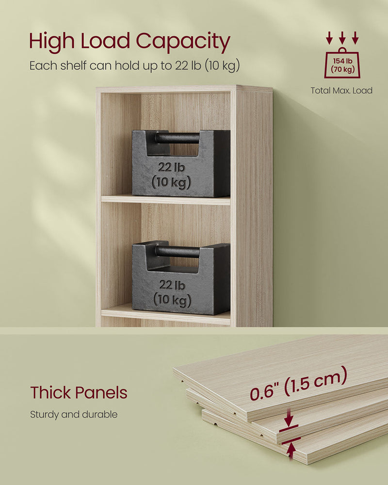 VASAGLE 6-tier bookcase shelf holding a 10 kg weight, showing high load capacity and thick 1.5 cm panels