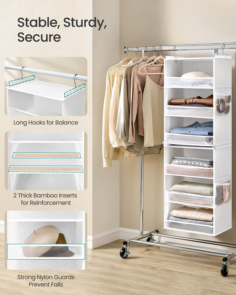 Two extended hooks on the cloud white organiser fitted to a hanging rail