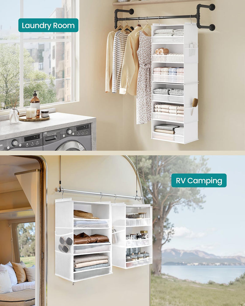 Cloud white wardrobe organiser hanging in a closet holding jumpers and accessories