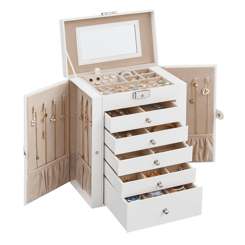 White Songmics 6-tier jewellery case fully open, showing the lid mirror, side wings and 5 drawers