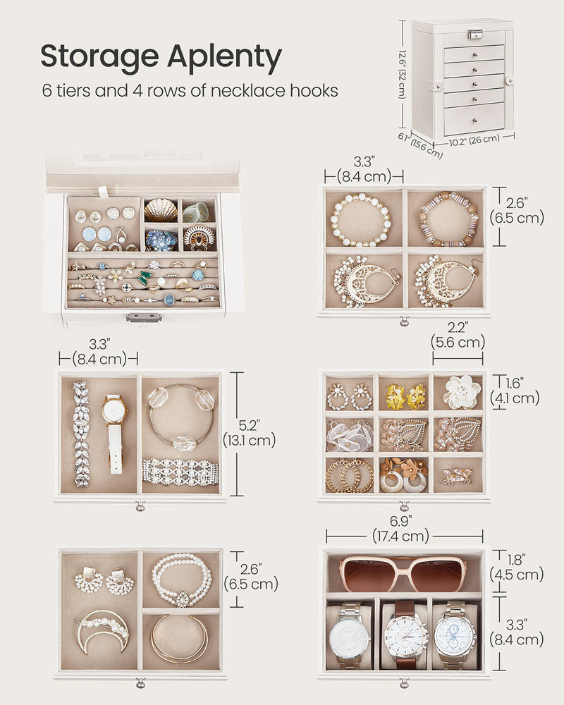 Storage layout of the white jewellery case with compartment sizes and overall 26 x 15.6 x 32 cm dimensions