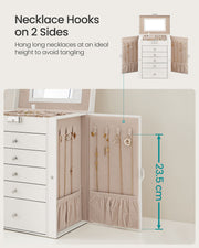 Both side wings of the white jewellery case swung open, with necklaces hanging over 23.5 cm