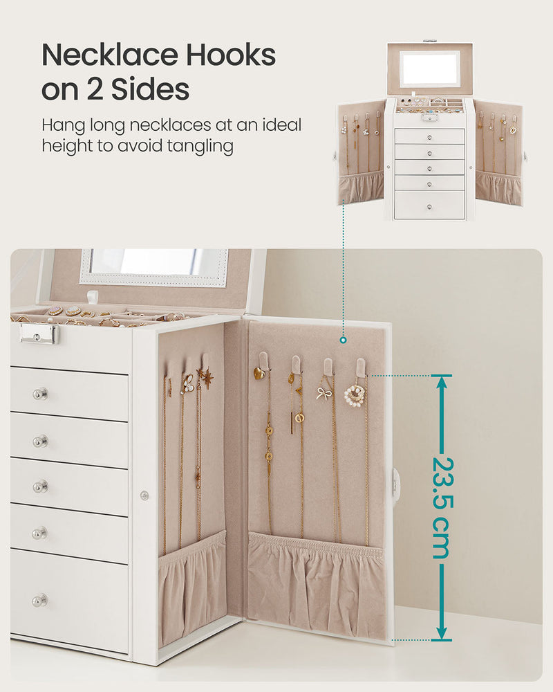 Both side wings of the white jewellery case swung open, with necklaces hanging over 23.5 cm