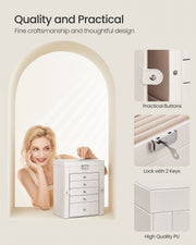 Close-ups of the white jewellery case buttons, clasp lock with 2 keys and PU leather finish