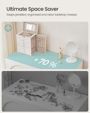 White jewellery case tidying a dressing table, compared with jewellery scattered across a bare top
