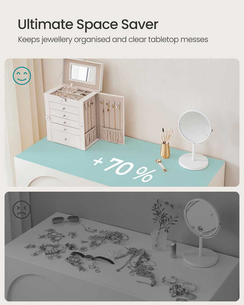 White jewellery case tidying a dressing table, compared with jewellery scattered across a bare top