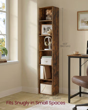 Tall narrow Vasagle bookcase fitted into a corner beside a window and desk, 160.7 cm tall and 30.2 cm wide