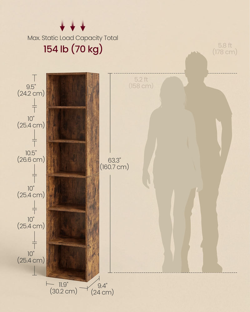 Full dimension diagram of the 6-tier bookcase at 30.2 x 24 x 160.7 cm, shown beside a human silhouette for scale
