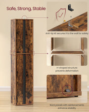 Safety features of the bookcase: anti-tip wall-anchor kit, H-shaped frame structure and reinforced back panels